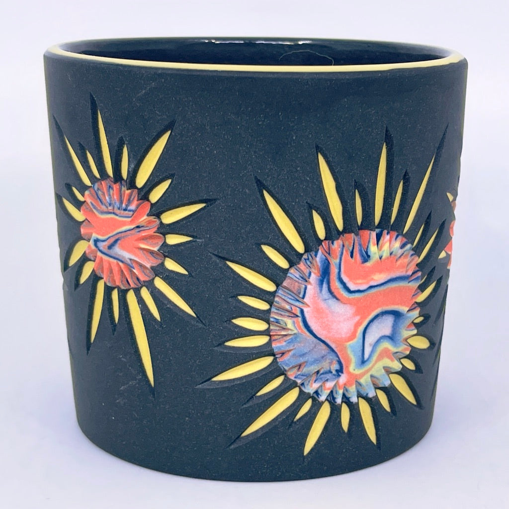 Solar Flare 5-Layer Coral Suns, Black and Yellow Carved 3-Layer Tumbler (Ready to Ship)