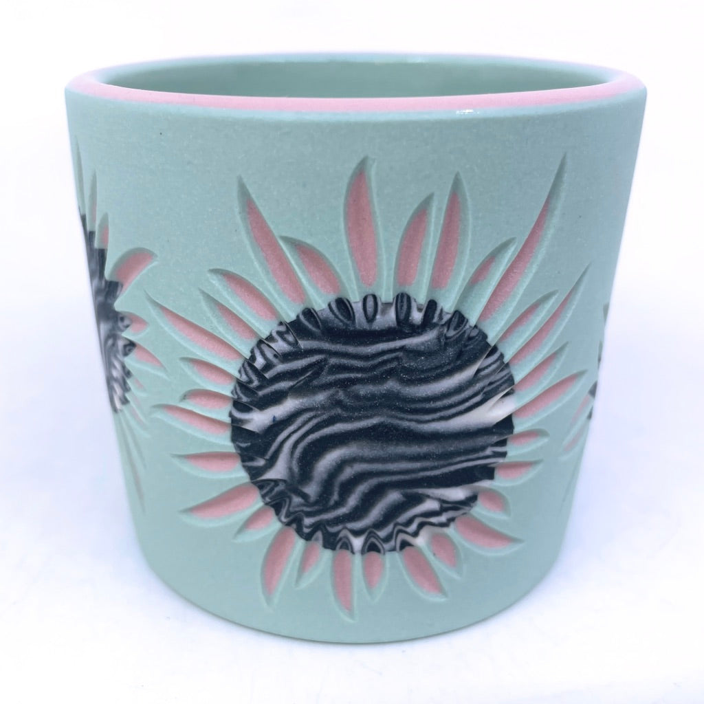 Solar Flare Mint & Pink w/ B & W Suns Marbled Carved 3-Layer Tumbler