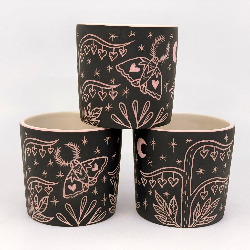 PINK carving- Moth and Bleeding Hearts Sgraffito Tumbler- White interior (by Katie Kelly)