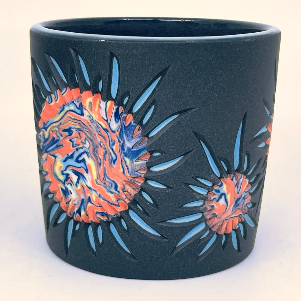 *Now Preorder, ship in 4-6 weeks Solar Flare, 5-Color Coral Suns, Black and Turquoise, (Curvy Flares!) Carved 3-Layer Tumbler