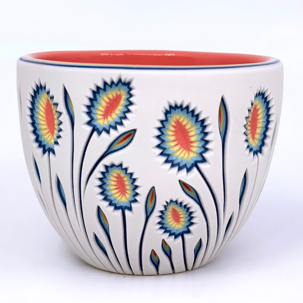 *Ready to Ship* White to Coral Botanical Carved Teacup