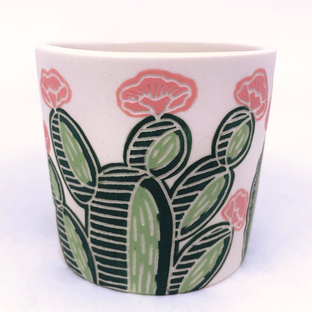 Cactus w/ Pink Flowers Sgraffito Tumbler (by Katie Kelly) *preorder ship in 4-6 weeks*