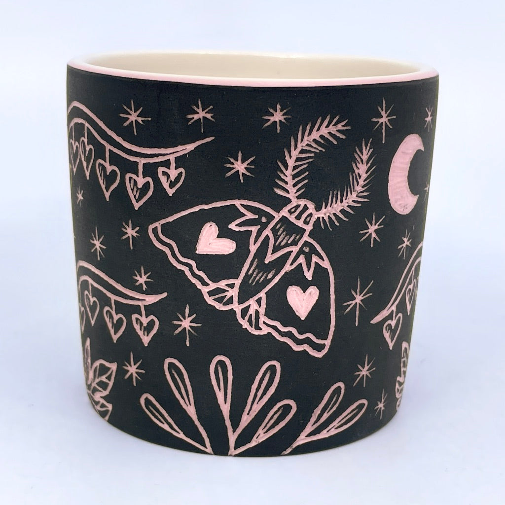 PINK carving- Moth and Bleeding Hearts Sgraffito Tumbler- White interior (by Katie Kelly)
