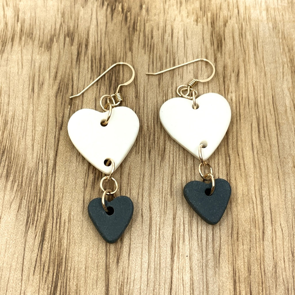Two-Tiered White and Black Porcelain Heart Drop Earrings