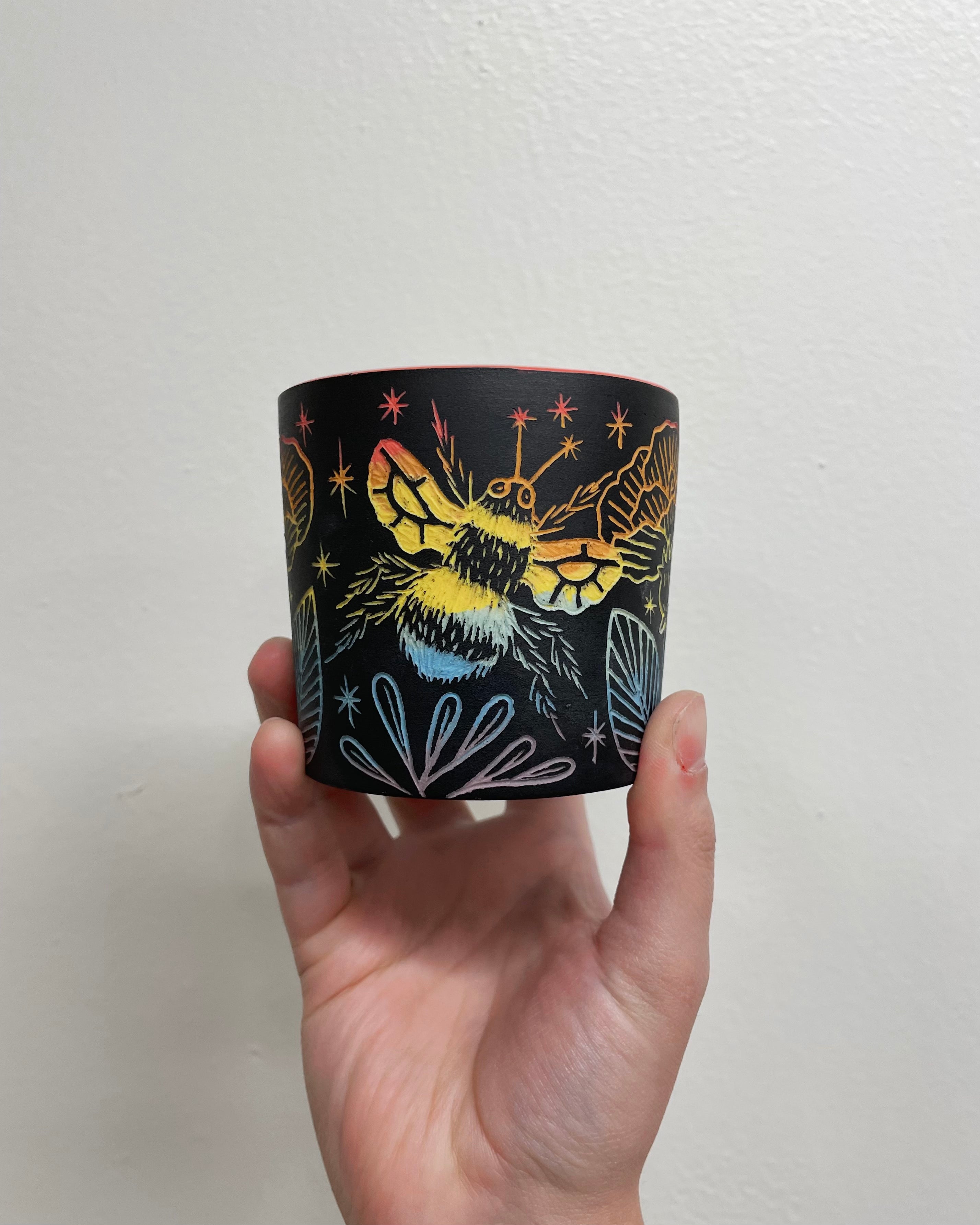 RAINBOW Bees and Flowers Sgraffito Tumbler Porcelain (by Katie Kelly)