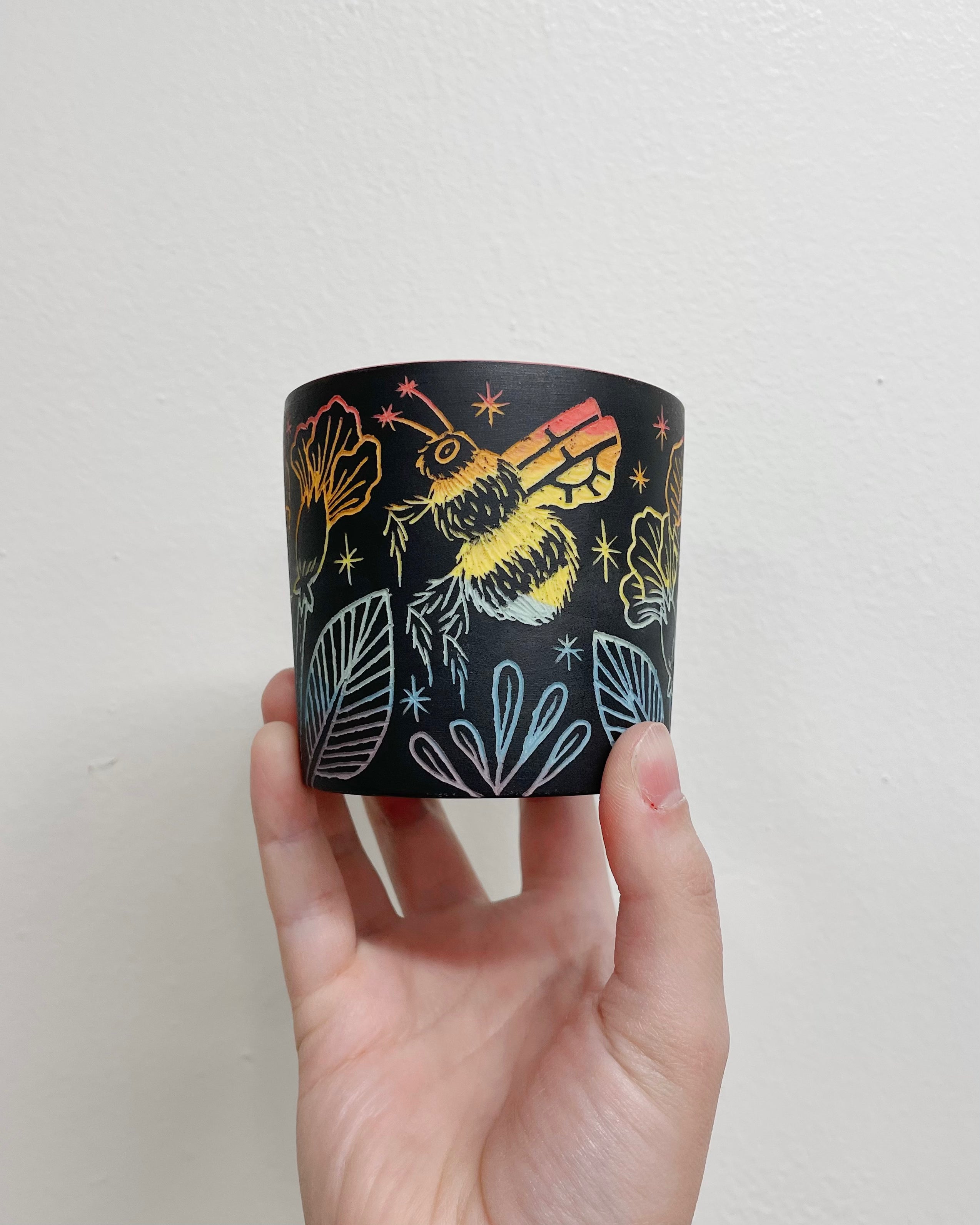 RAINBOW Bees and Flowers Sgraffito Tumbler Porcelain (by Katie Kelly)