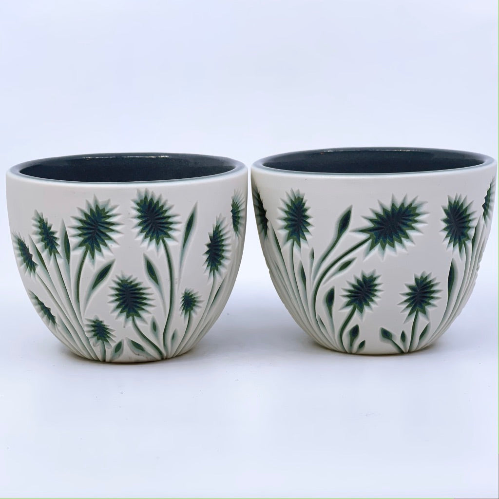 *Now Preorder* White & Greens Botanical Carved Teacup (ship by mid-march)