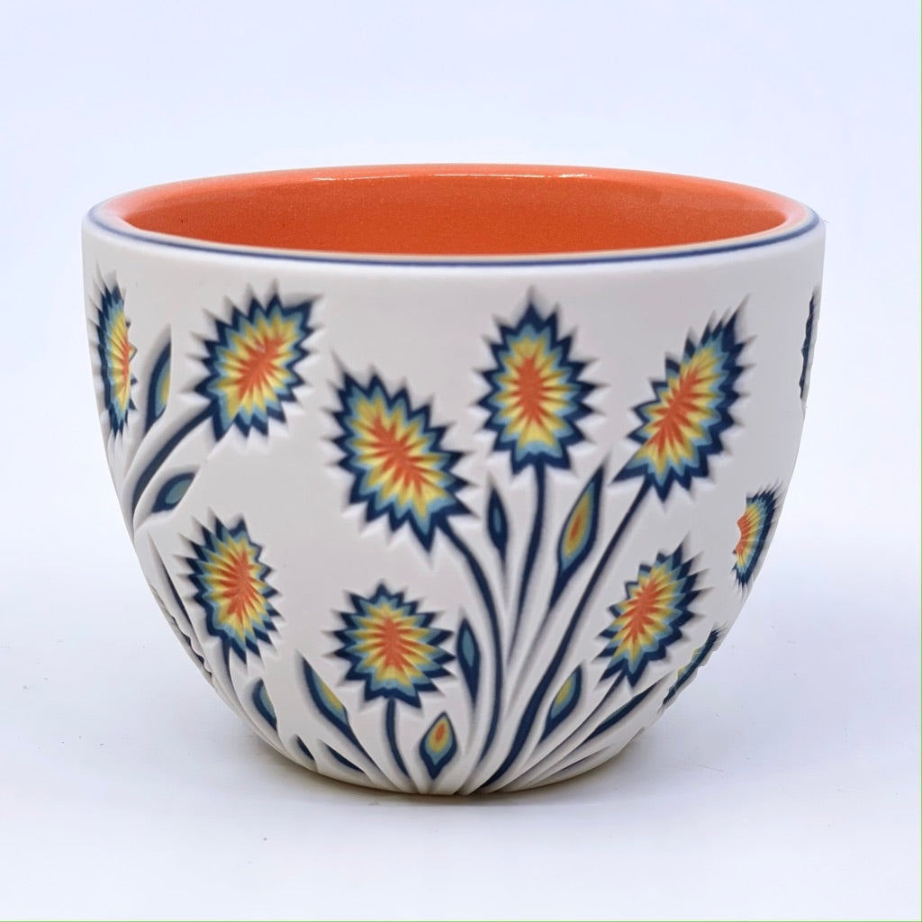 White to Coral 5-Layer Botanical Carved Teacup