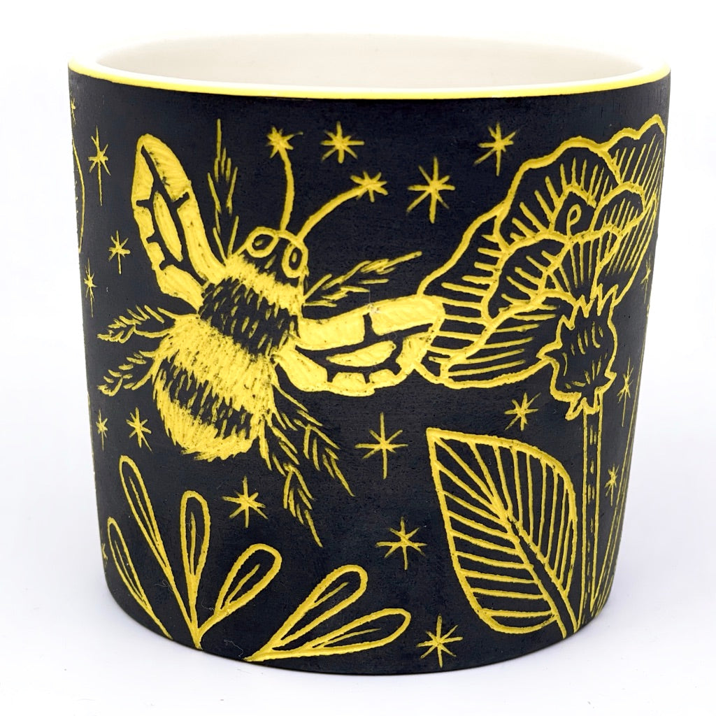 *Limited Preorder* Bees and Flowers Sgraffito Tumbler w/ Marigold Porcelain Base Layer (by Katie Kelly) Ship in 4-6 weeks