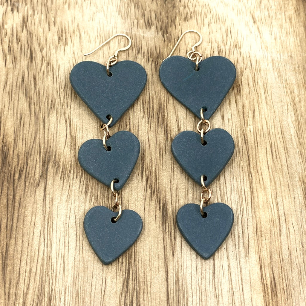 Three-Tiered Black Porcelain Heart Drop Earrings
