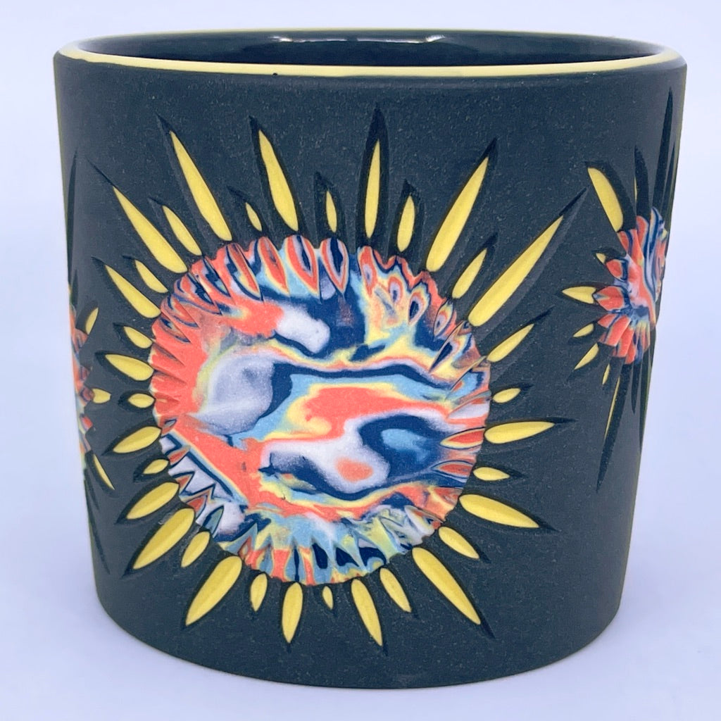 Solar Flare 5-Layer Coral Suns, Black and Yellow Carved 3-Layer Tumbler (Ready to Ship)